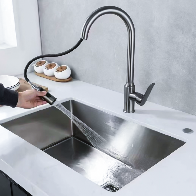 Factory Chrome 360 Degree Rotation Tap Steel Sink With Pull Down Sprayer Kitchen Faucet Extensions