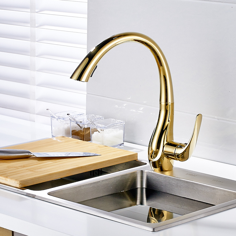 Factory Quyanre Brushed Gold Pull Out Electronic Kitchen Rain Faucet