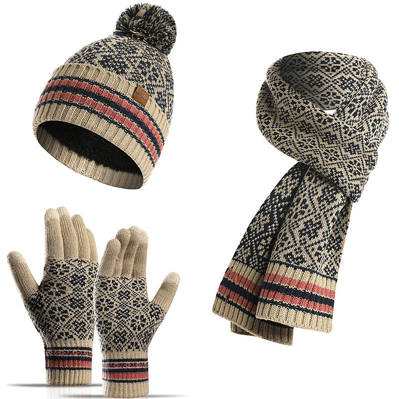 Wholesale and customization of winter women's fashion versatile knit thickened plush scarves, hats, gloves, three piece warm set