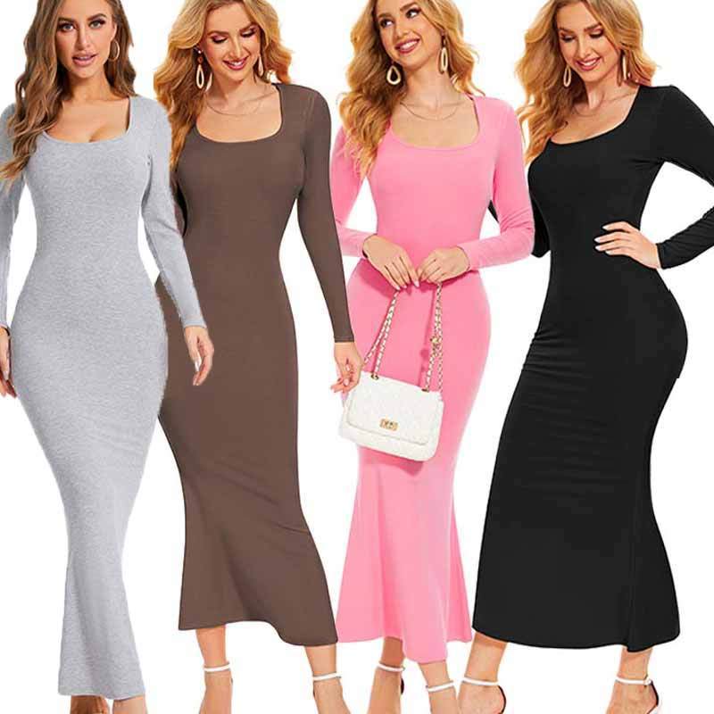 2023 Fall Women Sweater Clothing Wholesale Elegant Party Maxi Bodycon Ribbed Knitted Lounge Wear Skims Dupe Long Sleeve Dress