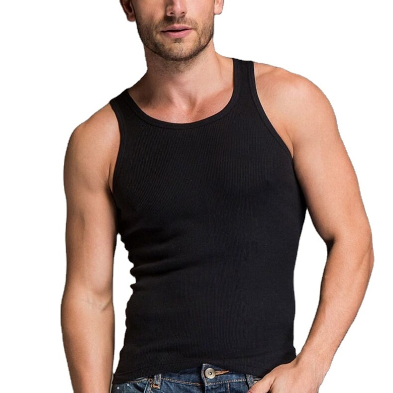 Custom logo summer men's cotton fitness vest bodybuilding ribbed vest stretching fitness vest