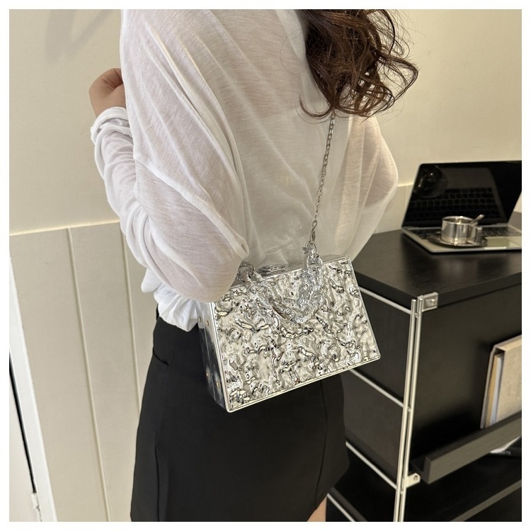 Shiny Acrylic Ladies Hand Bags 2024 Chain Girl Mini Suitcase Crossbody Bag Box Design PVC Coated Handbags for Women