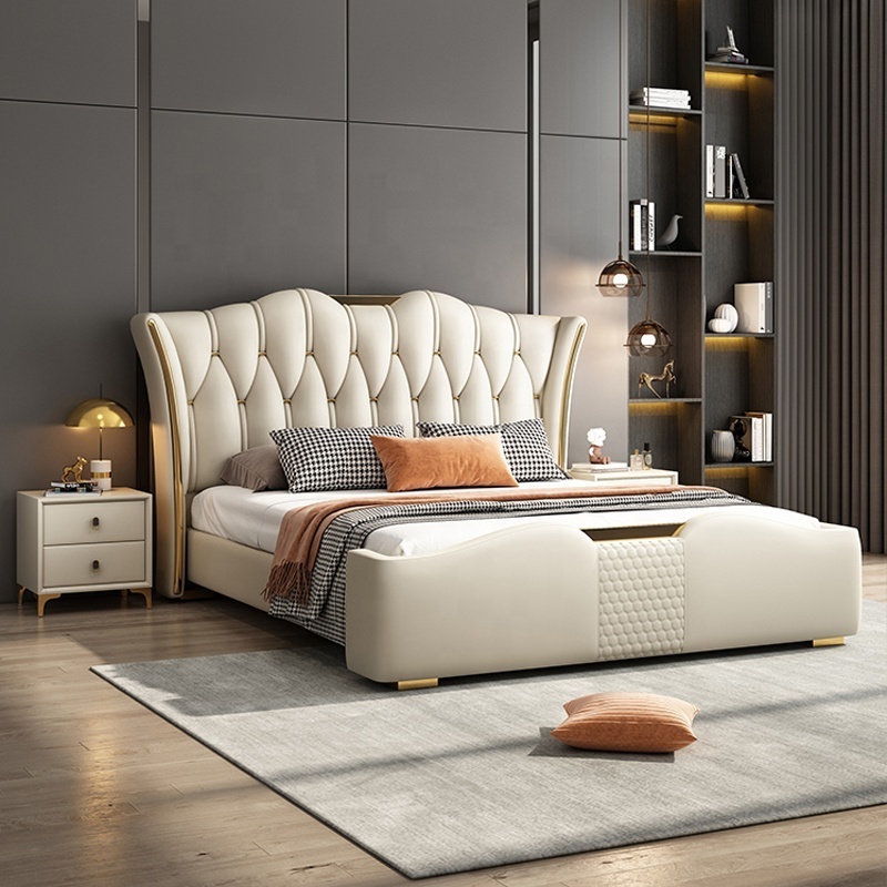 Italian luxury Upholstered Platform Bed Full Size Upholstered Microfiber Leather Platform Bed for Bedroom double Villa Queen bed