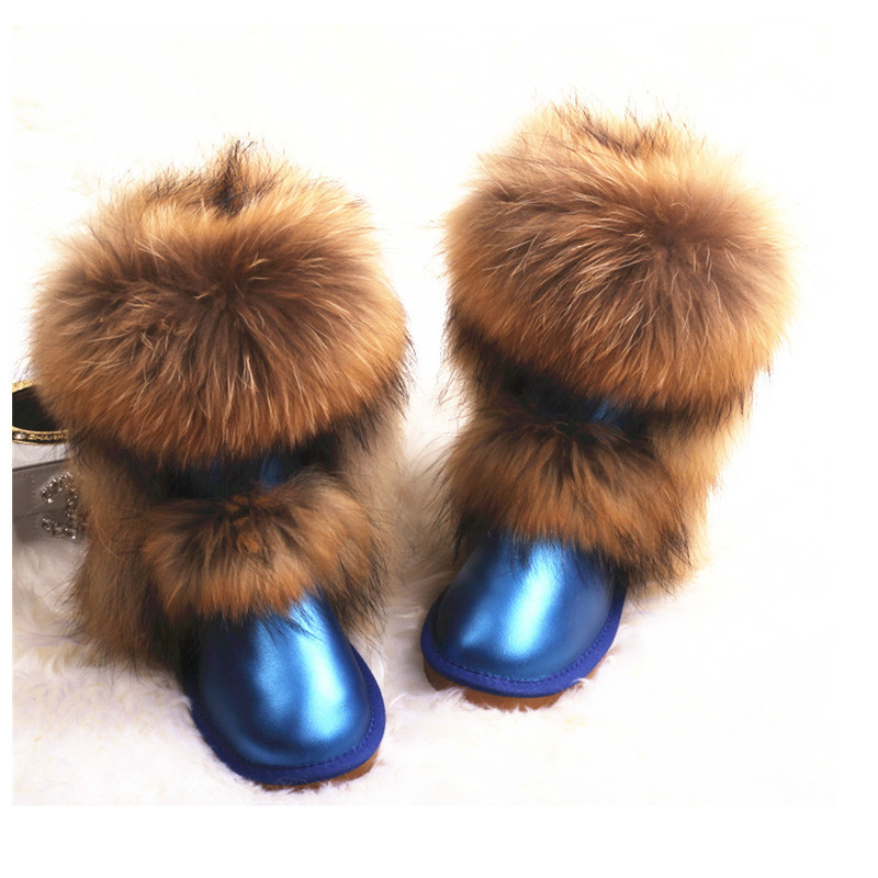 Fashion Winter Women Boots Ladies Fur Snow Boots Round Toe Raccoon Fur Leather Warm Anti-slip Fur Boots