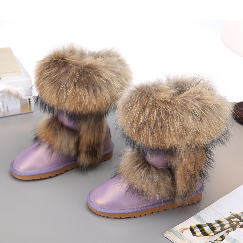 Fashion Winter Women Boots Ladies Fur Snow Boots Round Toe Raccoon Fur Leather Warm Anti-slip Fur Boots