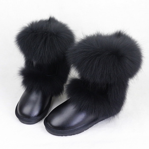 Fashion Winter Women Boots Ladies Fur Snow Boots Round Toe Raccoon Fur Leather Warm Anti-slip Fur Boots