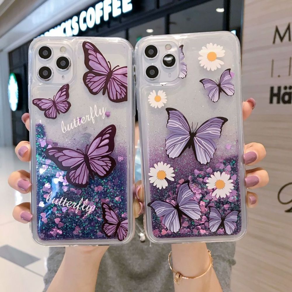 New Luxury PC Flower and butterfly Pattern Quicksand Mobile Phone Case for Iphone 15 14 13 12 11 X Xr Xsmax cover with lace