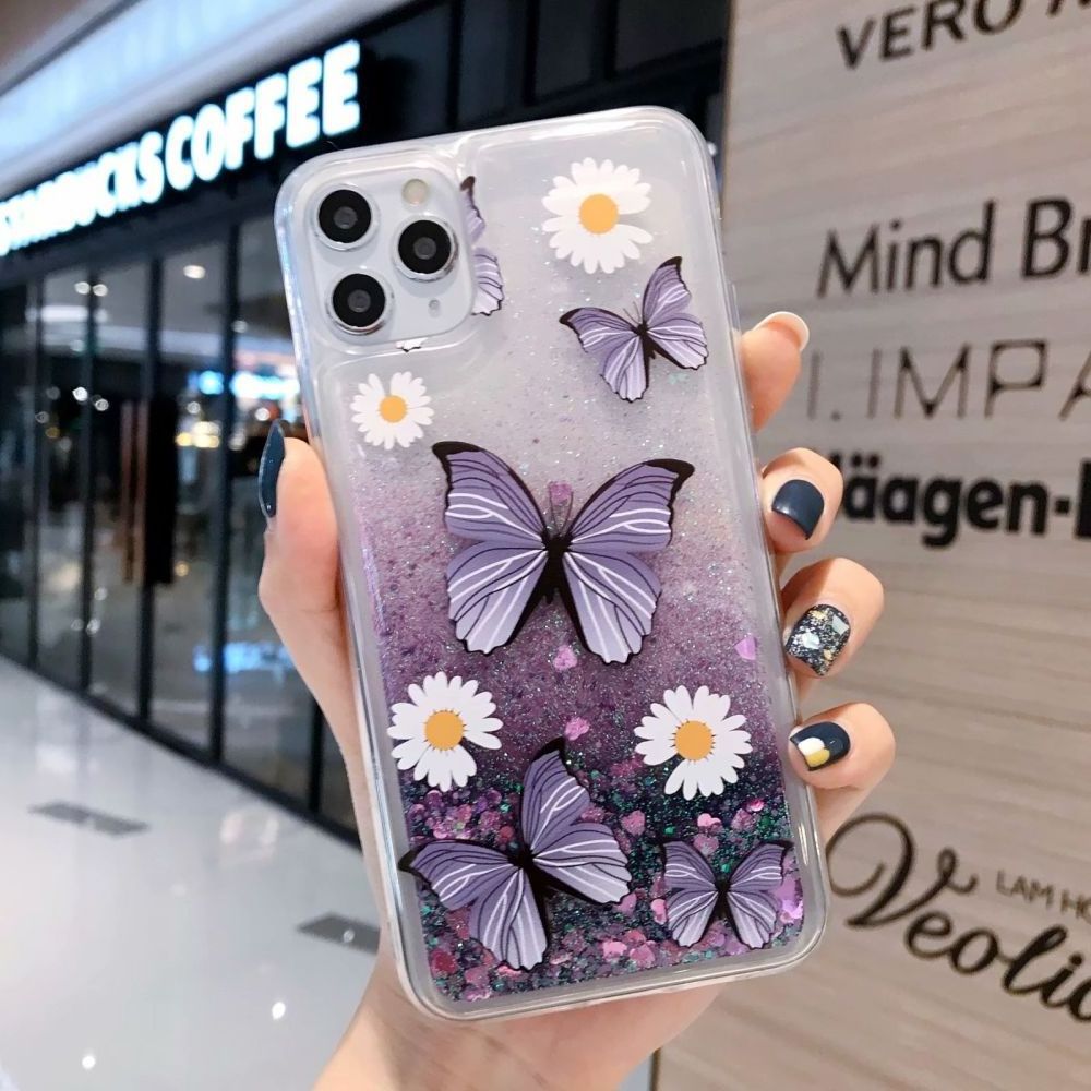 New Luxury PC Flower and butterfly Pattern Quicksand Mobile Phone Case for Iphone 15 14 13 12 11 X Xr Xsmax cover with lace