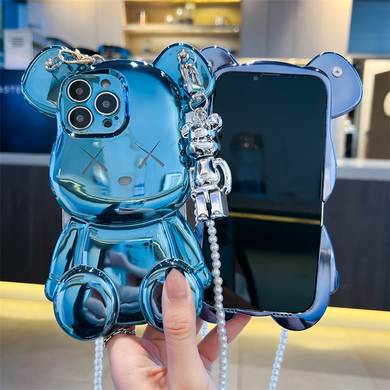 Luxury Design Electroplate Cartoon Silver Teddy Bear Shaped Phone Case With Metal Crossbody Shoulder Strap For IPhone 15 14 pro