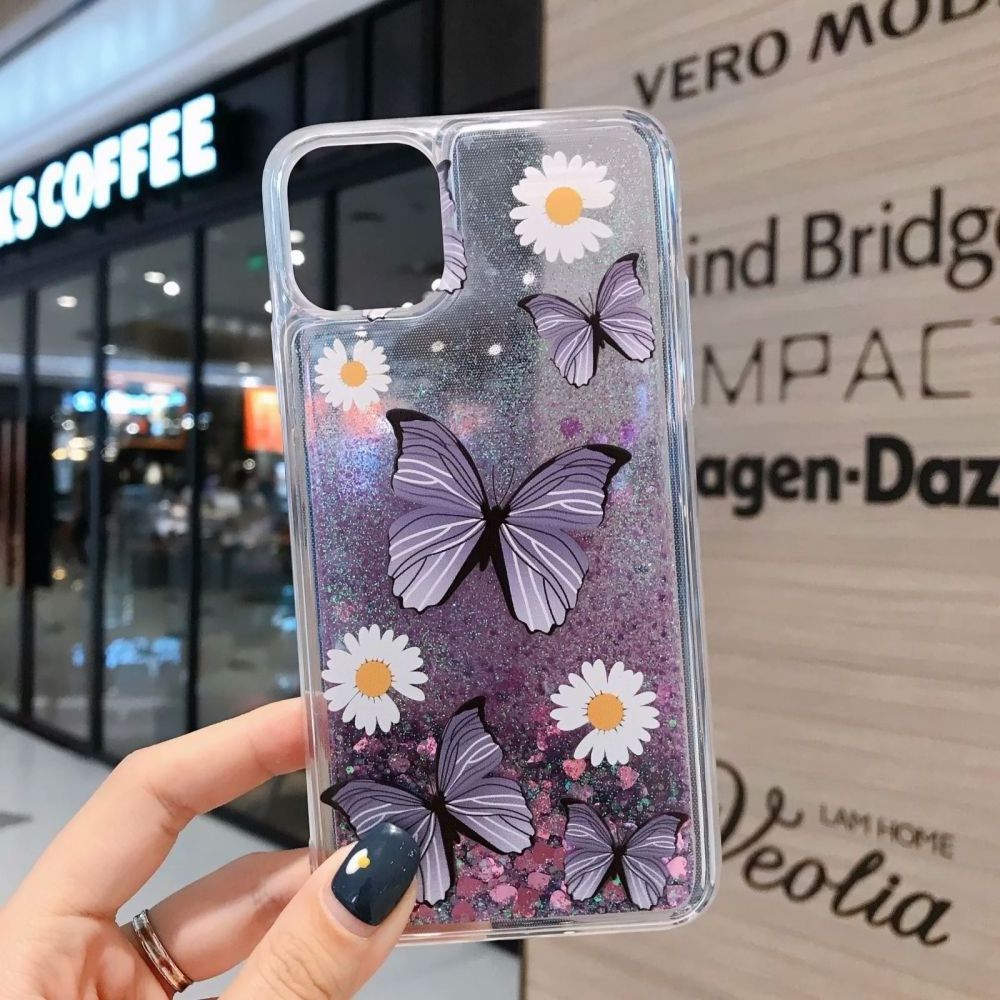 New Luxury PC Flower and butterfly Pattern Quicksand Mobile Phone Case for Iphone 15 14 13 12 11 X Xr Xsmax cover with lace