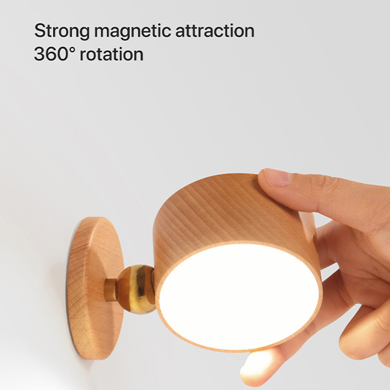 Wooden Magnetic Wall Sconce Rotatable LED Wall Light USB Rechargeable cordless Batter Dimmable Reading Cabinet Night Light