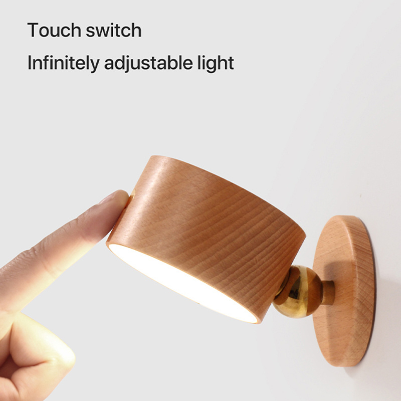 Wooden Magnetic Wall Sconce Rotatable LED Wall Light USB Rechargeable cordless Batter Dimmable Reading Cabinet Night Light