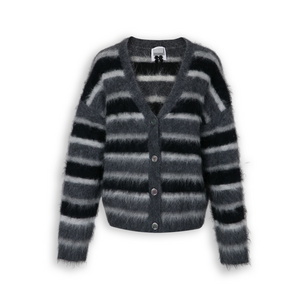 New Design Stripe Brushed Hairy V Neck Long Sleeve Knit  Cardigan Sweater for Women