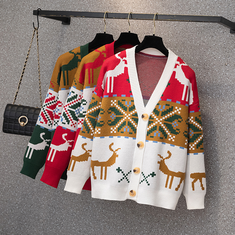 HDSK2112003 Hot Sell V-Neck Loose Women's Autumn Winter Christmas Blouse Reindeer Jacquard Pattern Knit Sweater Ladies Cardigan