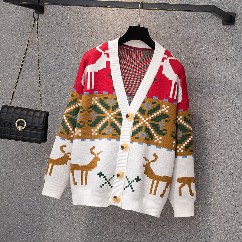 HDSK2112003 Hot Sell V-Neck Loose Women's Autumn Winter Christmas Blouse Reindeer Jacquard Pattern Knit Sweater Ladies Cardigan