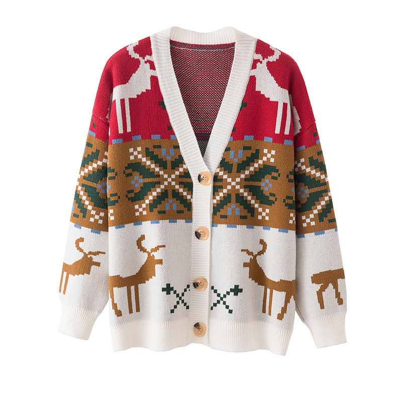 HDSK2112003 Hot Sell V-Neck Loose Women's Autumn Winter Christmas Blouse Reindeer Jacquard Pattern Knit Sweater Ladies Cardigan