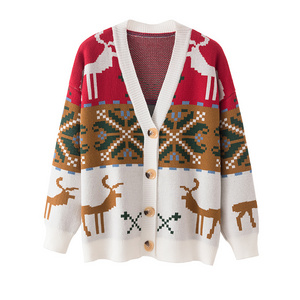 HDSK2112003 Hot Sell V-Neck Loose Women's Autumn Winter Christmas Blouse Reindeer Jacquard Pattern Knit Sweater Ladies Cardigan