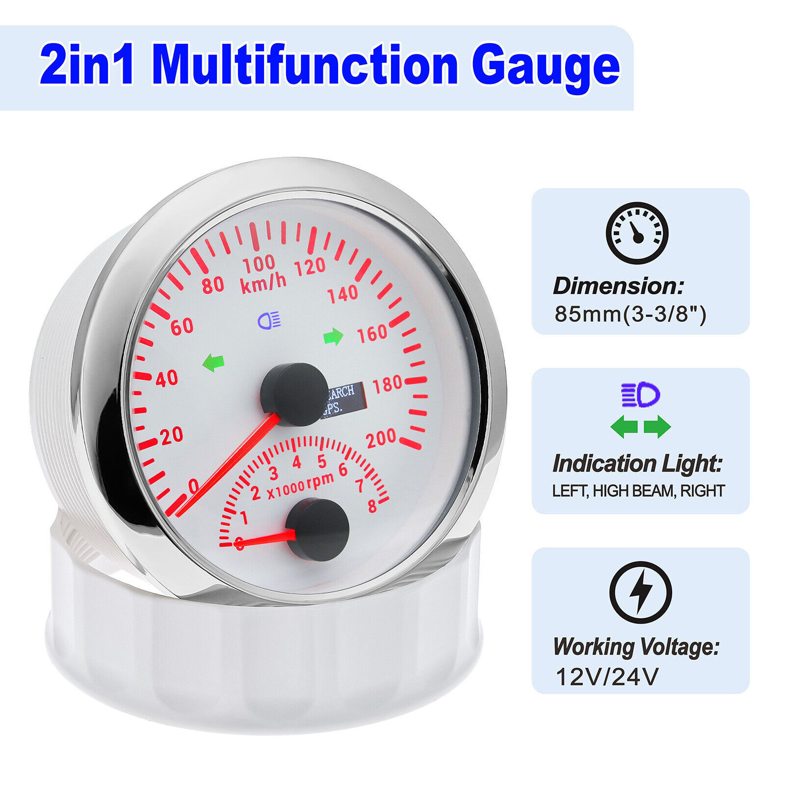 Own Logo 85mm Universal Auto Meter Speedometer And Tachometer 2 in 1 Gauge For Car