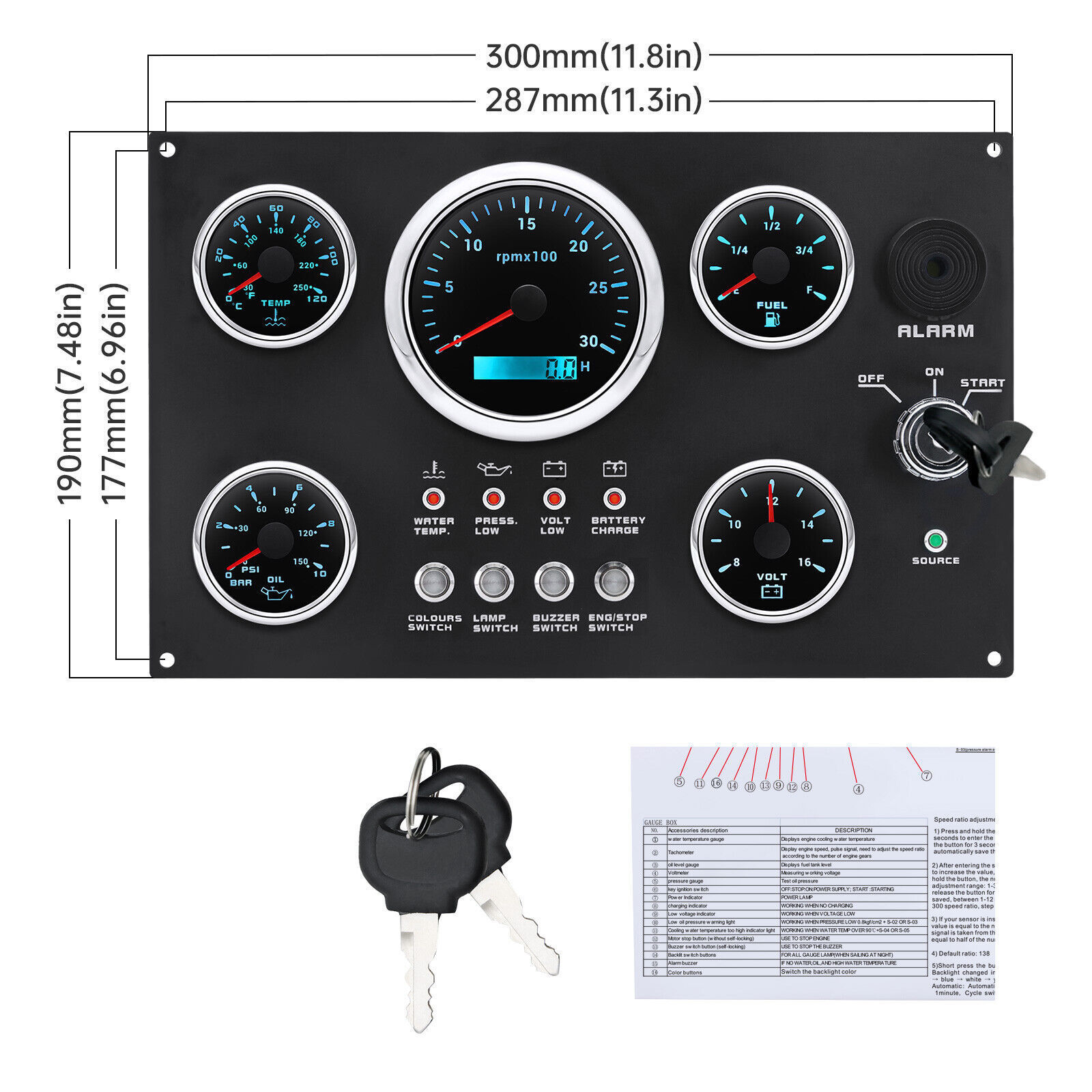 Waterproof Marine Dashboard Switch Panel Boat Dashboards 24V Diesel Engine Control Panel