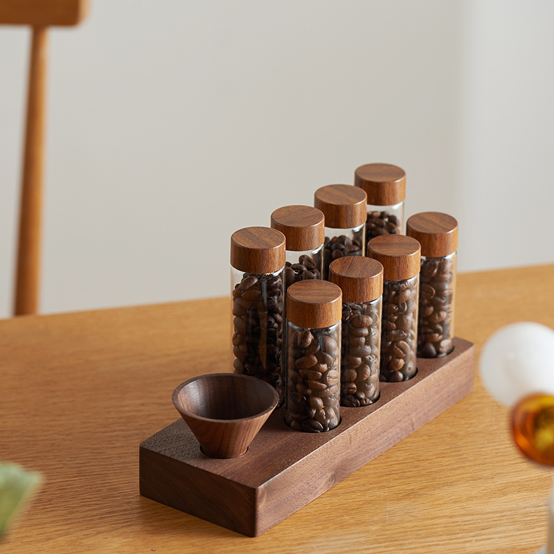 SIYUE 6 tubes 18g coffee bean with Wooden funnel  Glass Cork Spices Holder Jar Rack Coffee Pod Holder Storage Tubes 2341