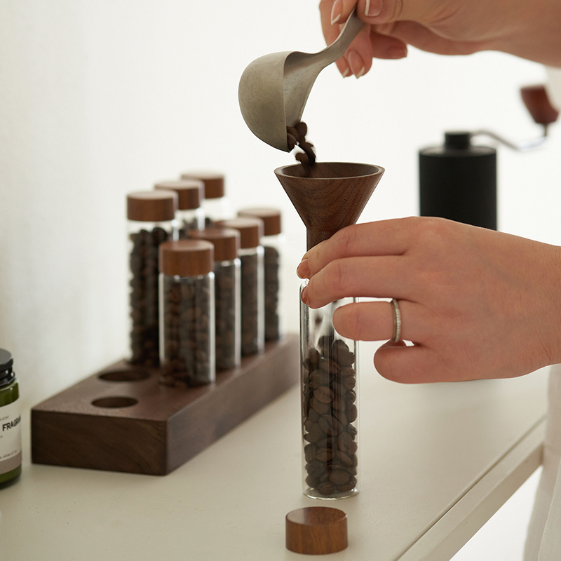 SIYUE 6 tubes 18g coffee bean with Wooden funnel  Glass Cork Spices Holder Jar Rack Coffee Pod Holder Storage Tubes 2341