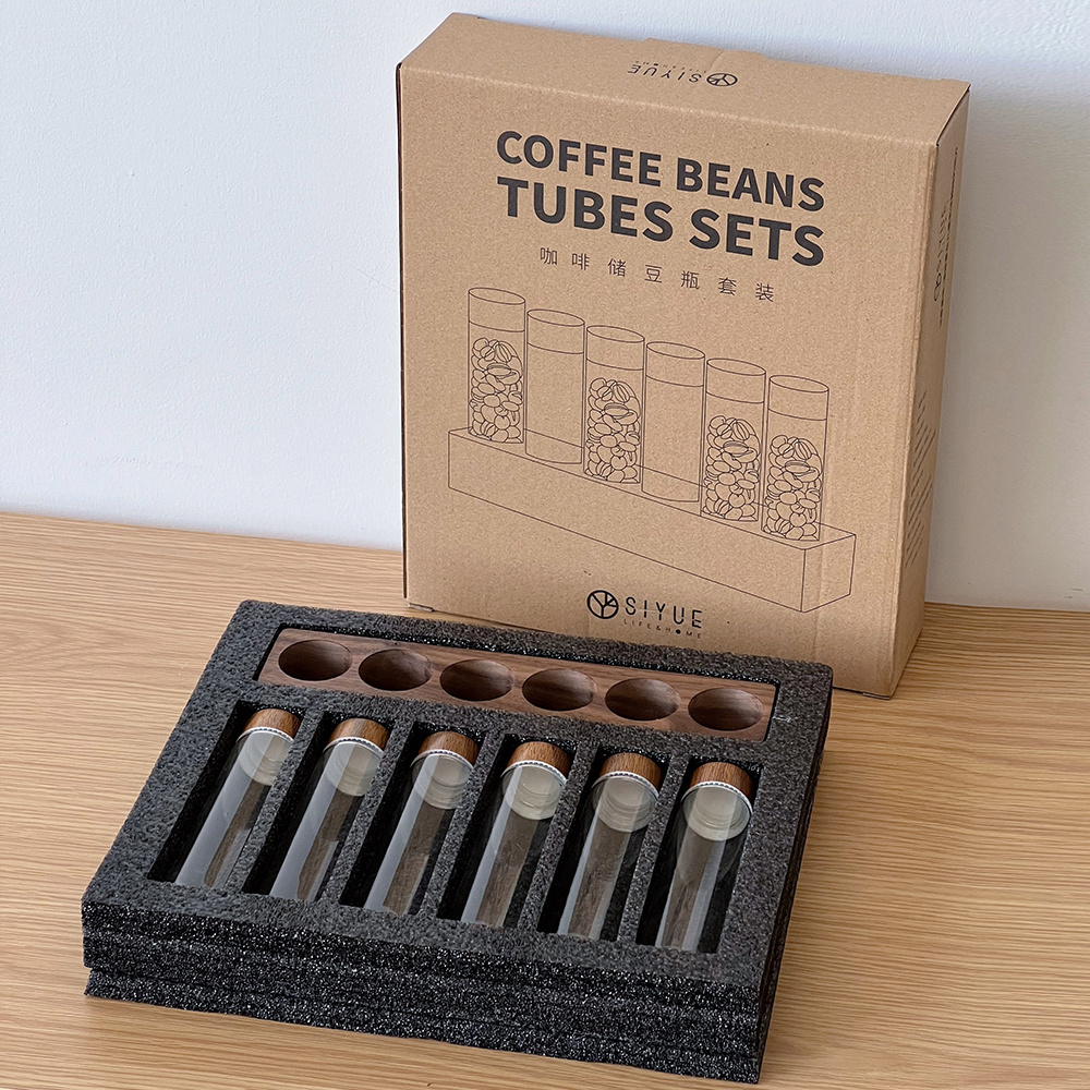 SIYUE 6 tubes 18g coffee bean with Wooden funnel  Glass Cork Spices Holder Jar Rack Coffee Pod Holder Storage Tubes 2341