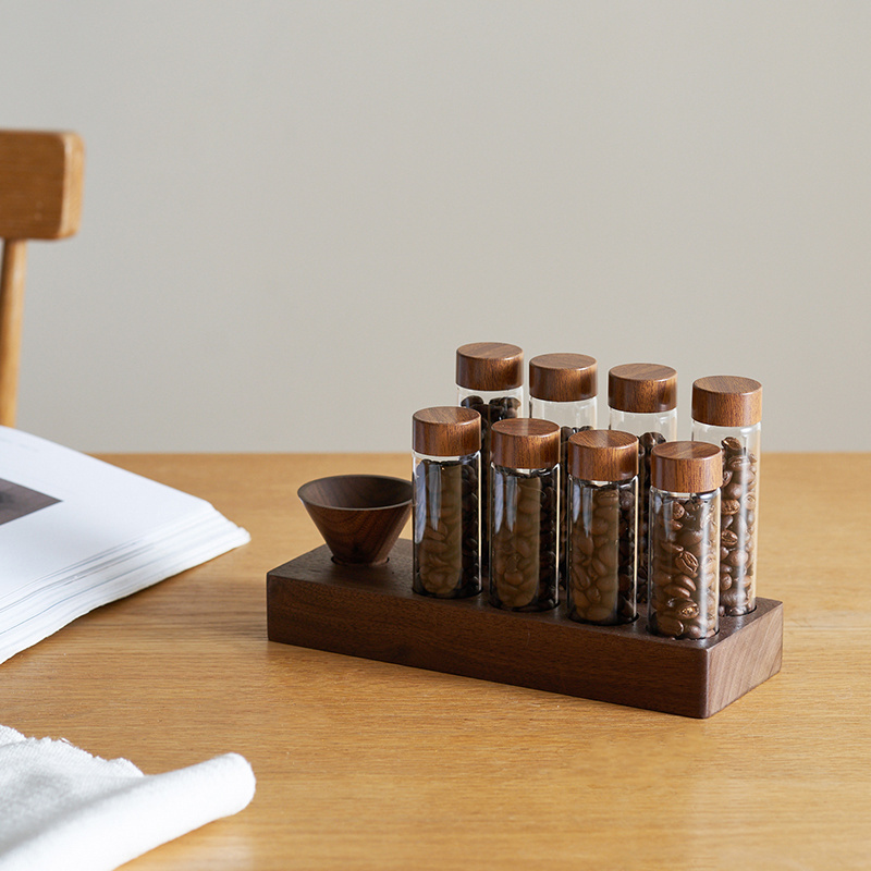 SIYUE 6 tubes 18g coffee bean with Wooden funnel  Glass Cork Spices Holder Jar Rack Coffee Pod Holder Storage Tubes 2341