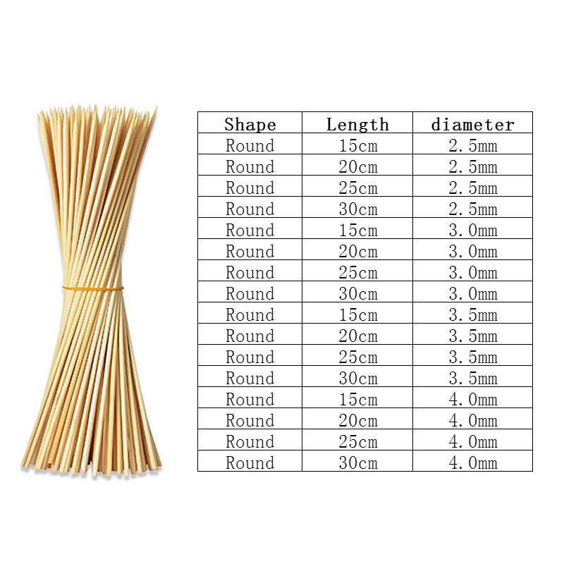 Biodegradable round disposable bamboo stick 15-30cm natural outdoor barbecue hot dog skewer stick