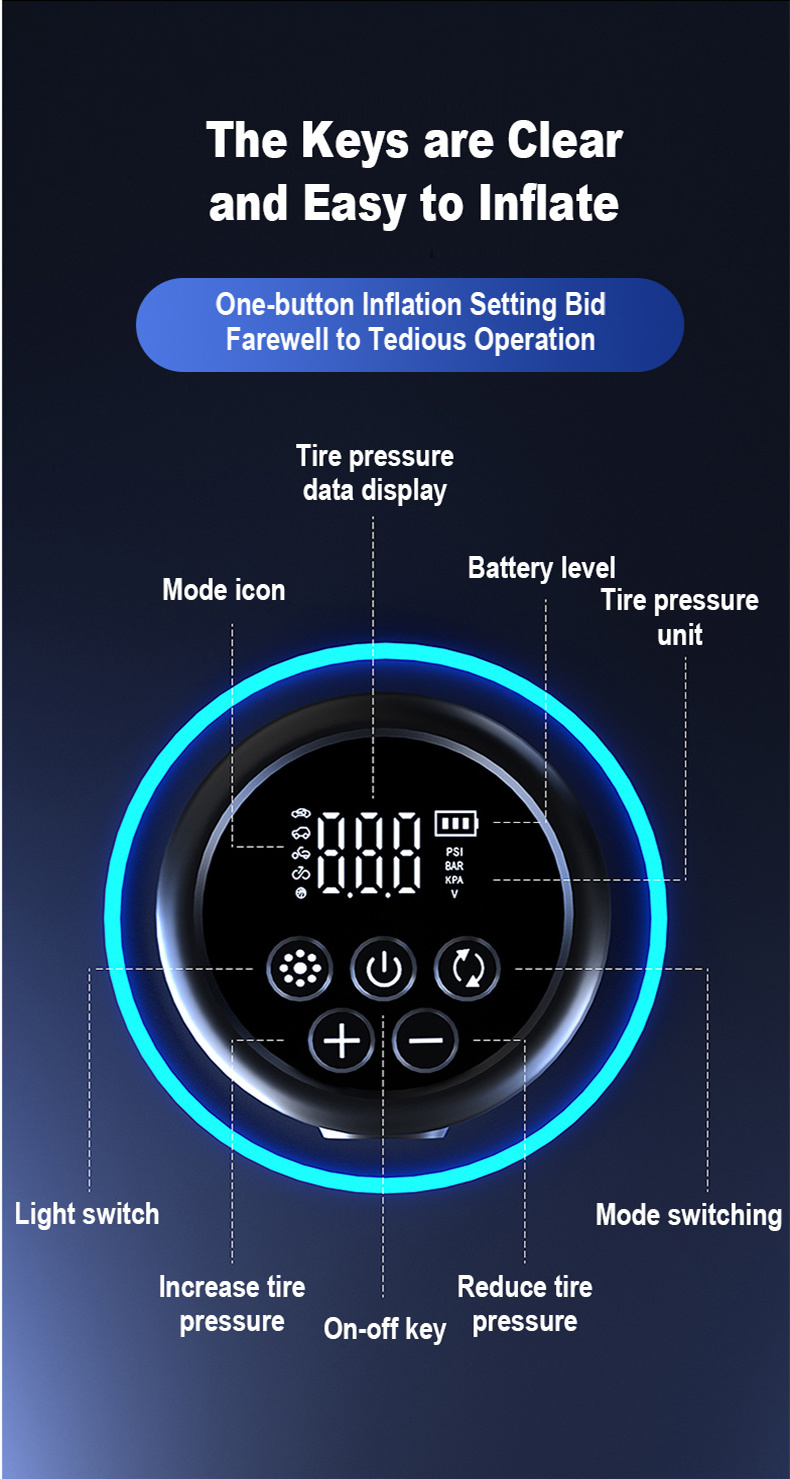 Customizable mini portable electric tyre pump digital smart automatic bicycle motorcycle tire inflator wireless car air pump