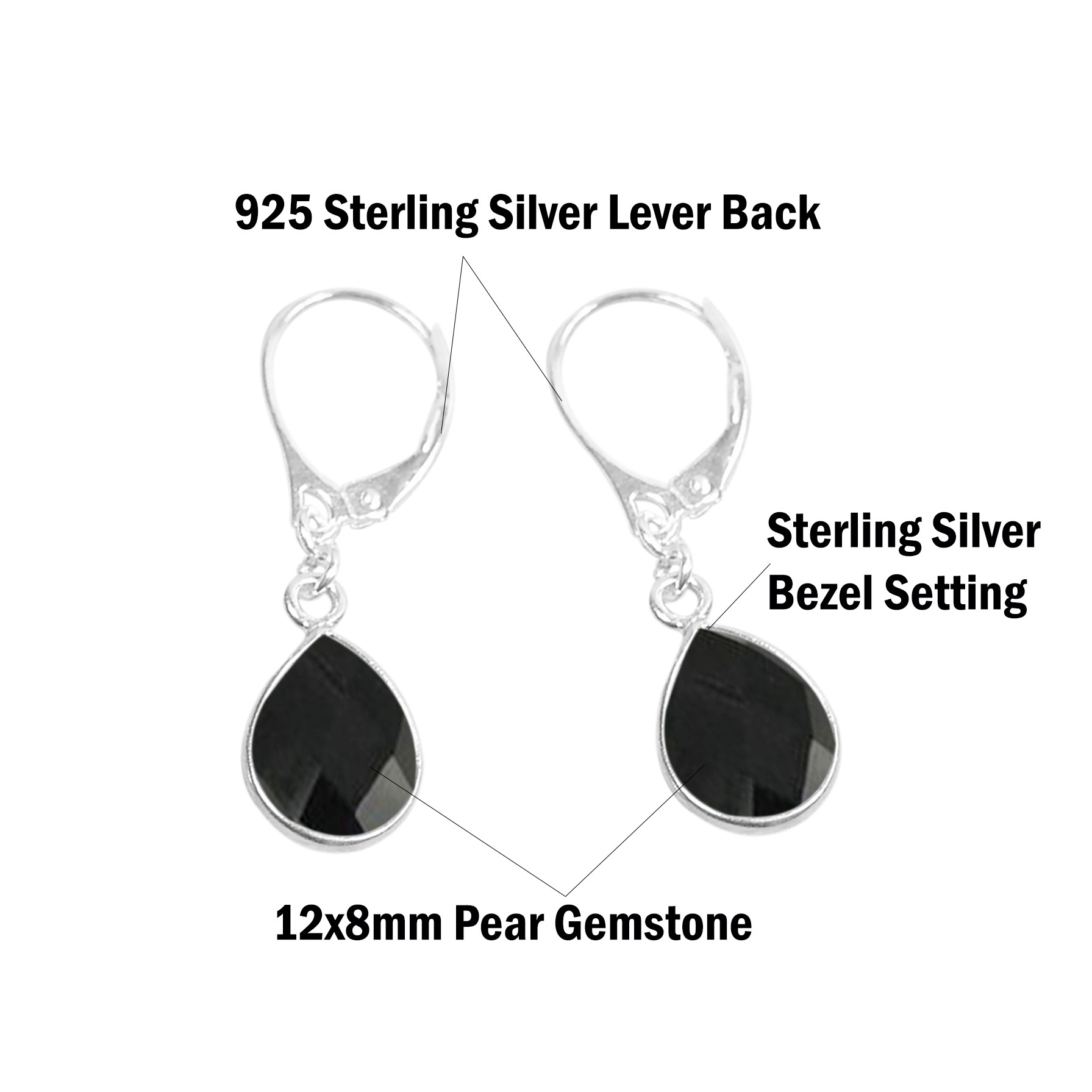 925 Sterling Silver Pear Faceted Gemstone Bezel Setting Sterling Silver Lever Back Lock Earrings Jewelry For Women