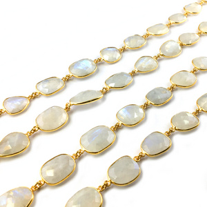 Rainbow Moonstone Bezel Chain 12-16mm 18k Real Gold Plated Bezel Connector Chains Jewelry Making Link Chain Moonstone Connectors