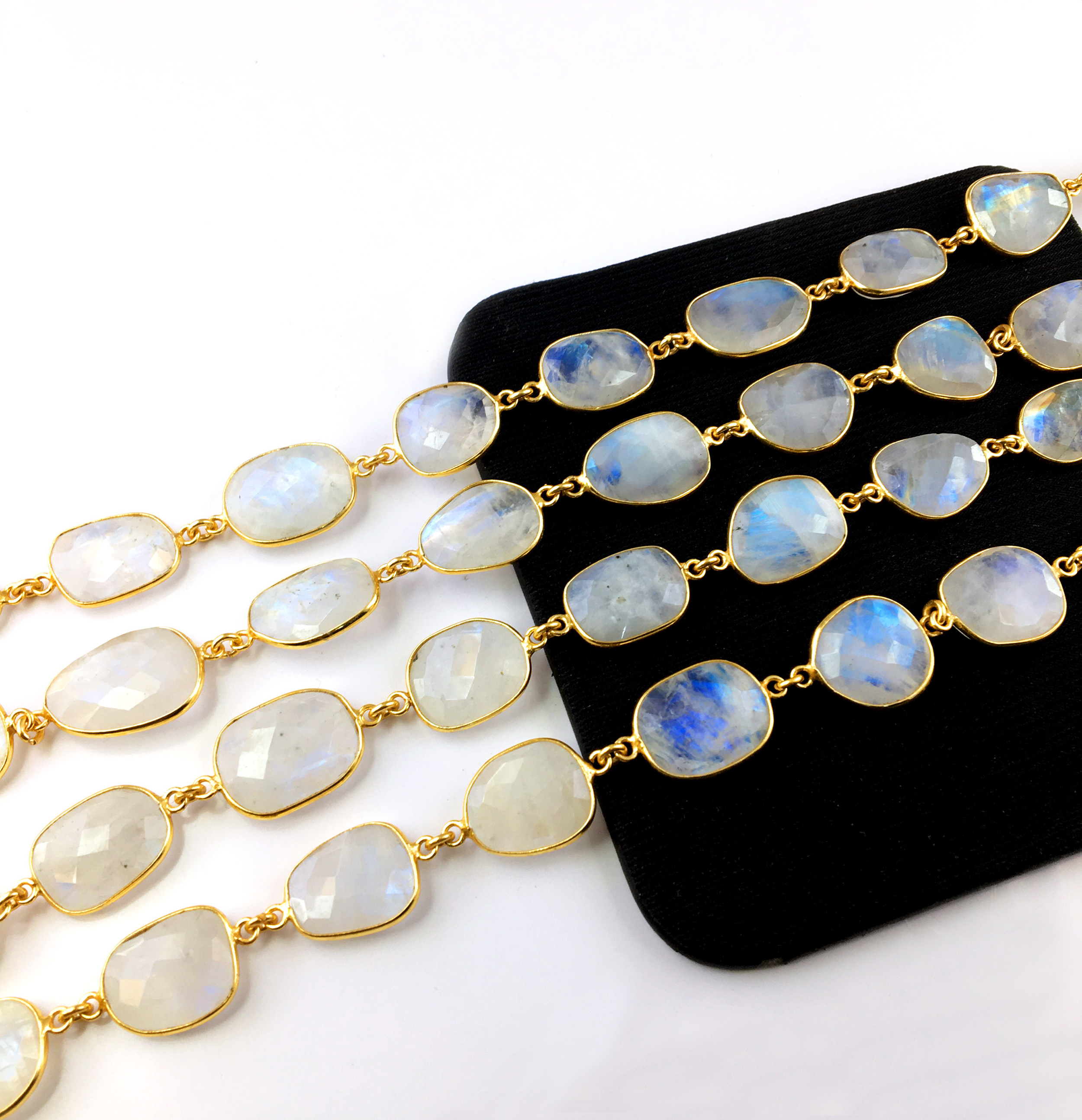 Rainbow Moonstone Bezel Chain 12-16mm 18k Real Gold Plated Bezel Connector Chains Jewelry Making Link Chain Moonstone Connectors