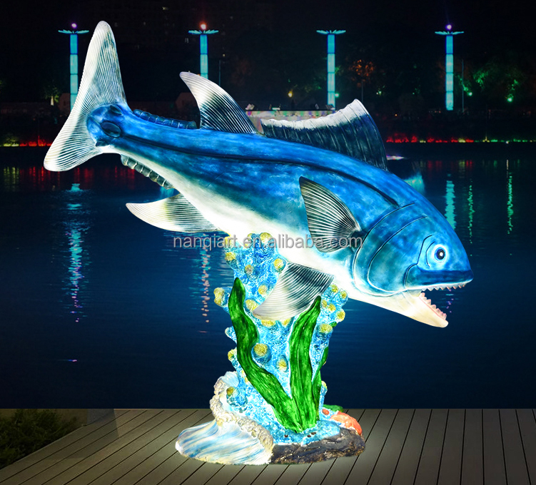 Customized Hand Made Fiberglass Resin Marine Blue Shark Sculpture Good Quality Lifelike Large Cartoon Fish Statue With LED Light