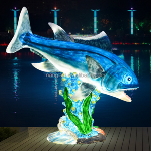 Customized Hand Made Fiberglass Resin Marine Blue Shark Sculpture Good Quality Lifelike Large Cartoon Fish Statue With LED Light