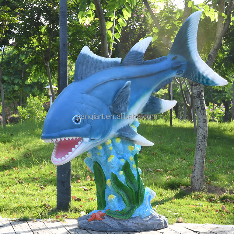 Customized Hand Made Fiberglass Resin Marine Blue Shark Sculpture Good Quality Lifelike Large Cartoon Fish Statue With LED Light