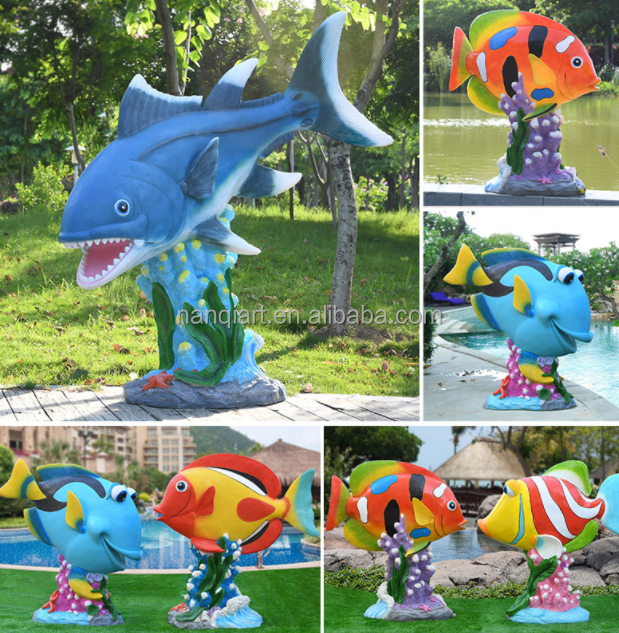 Customized Hand Made Fiberglass Resin Marine Blue Shark Sculpture Good Quality Lifelike Large Cartoon Fish Statue With LED Light