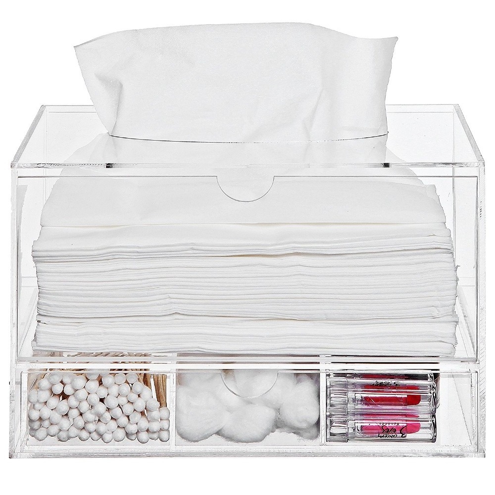 Modern Clear Acrylic Countertop Pull Out Storage Drawer Cosmetic Organizer Box Tissue Dispenser