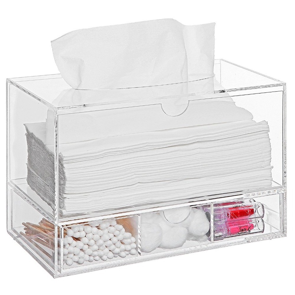 Modern Clear Acrylic Countertop Pull Out Storage Drawer Cosmetic Organizer Box Tissue Dispenser