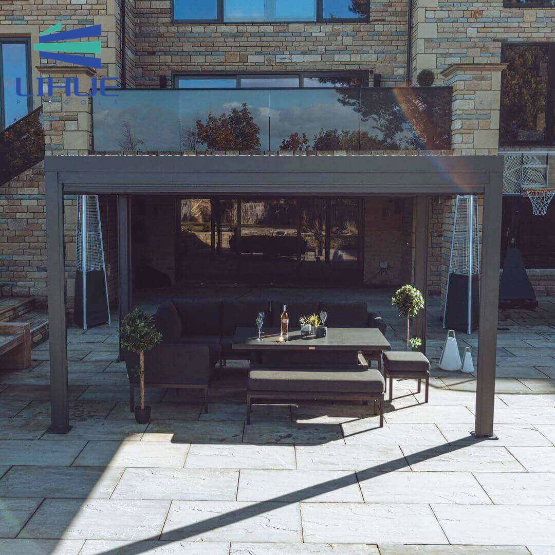 Motorised Outdoor Gazebo Modern Aluminium Louvre Roof Bioclimatic Pergola LED Aluminium Pergola with 4 Privacy Screens