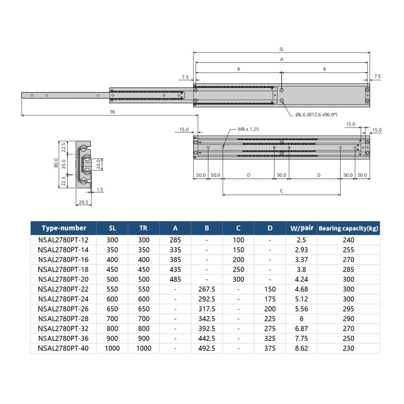 Three section heavy duty aluminum alloy Drawer Slides Rails telescopic slides