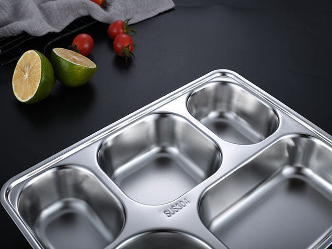 Food Grade Metal Stainless Steel School Lunch Tray Divided Dinner Plates Fast Food Serving Tray with 3 4 5 Compartments