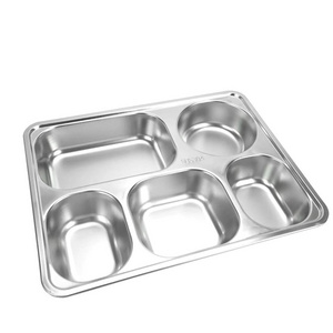 Stainless Steel Divided Trays Restaurant Rectangular Dinner Plates 5 compartment lunch box with PP or Metal Lids