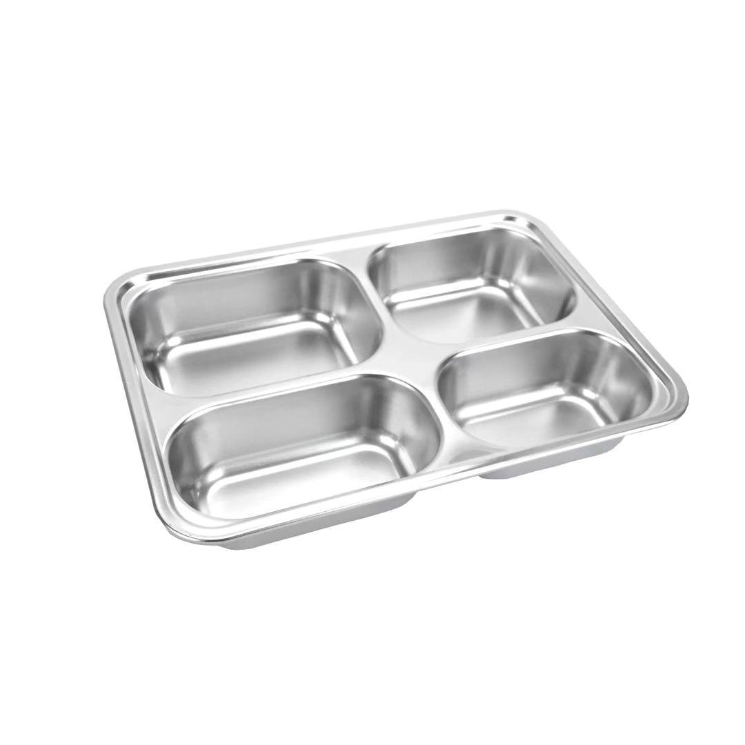 Stainless Steel Divided Trays Restaurant Rectangular Dinner Plates 5 compartment lunch box with PP or Metal Lids