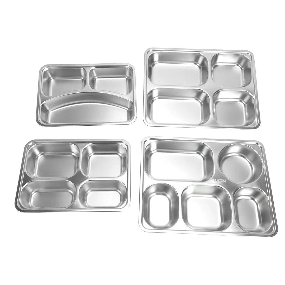 Stainless Steel Divided Trays Restaurant Rectangular Dinner Plates 5 compartment lunch box with PP or Metal Lids