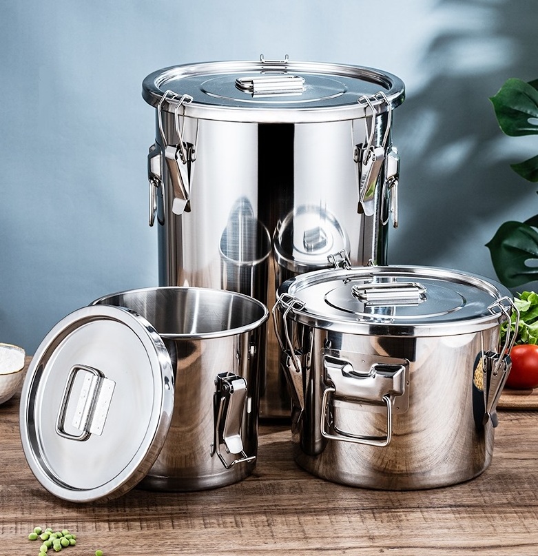 Stainless Steel 304 201 Large Airtight Moistureproof Food Storage Container Barrel Stock Pot with Seal Lid