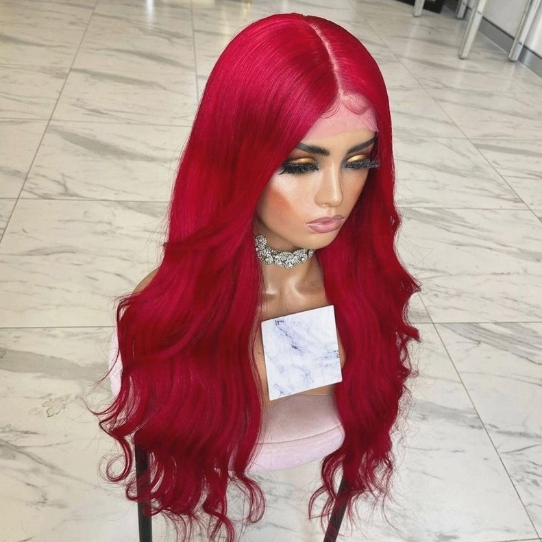 Customized Light Red Color Freedom Long Inches Body Ocean Wave Virgin European Cuticle Aligned Hair Lace Front Wigs