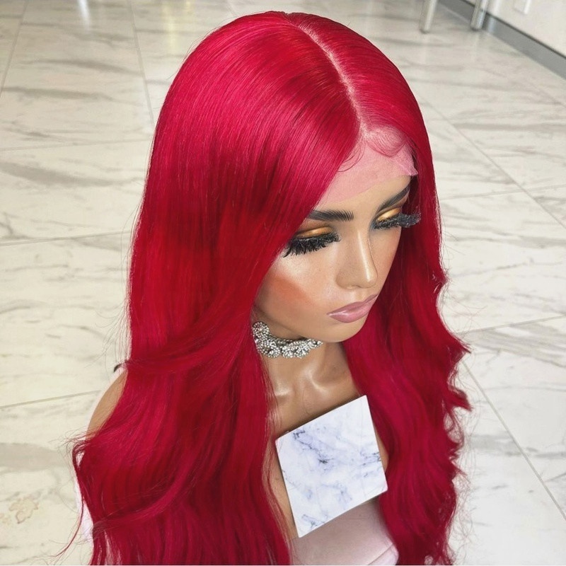 Customized Light Red Color Freedom Long Inches Body Ocean Wave Virgin European Cuticle Aligned Hair Lace Front Wigs