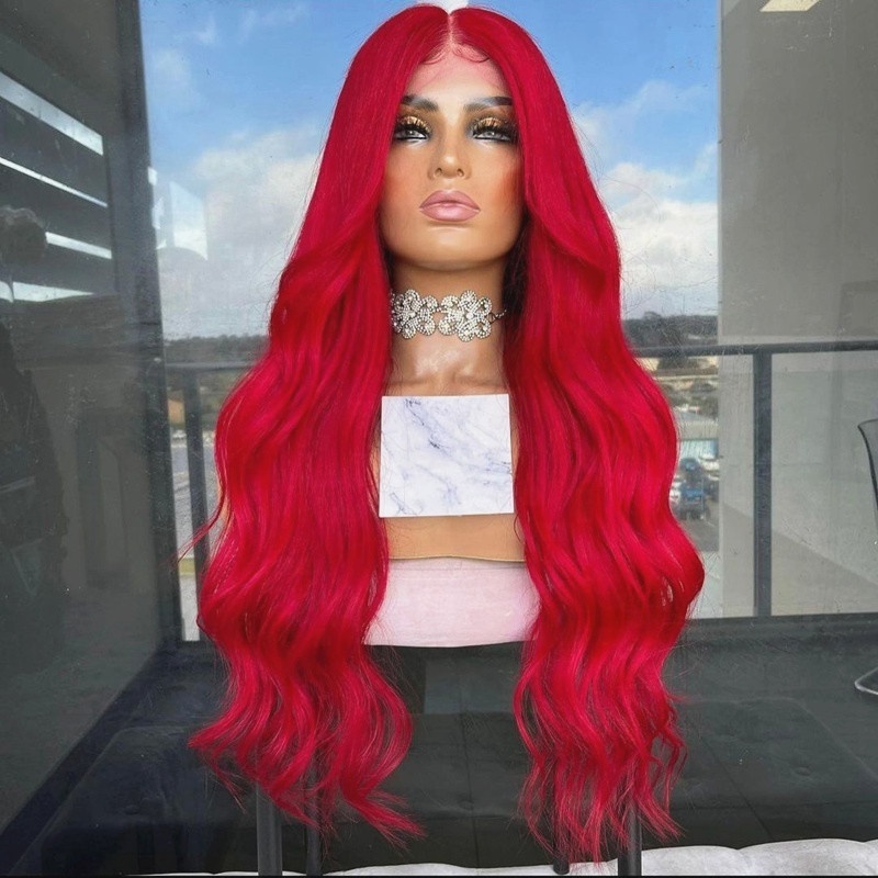 Customized Light Red Color Freedom Long Inches Body Ocean Wave Virgin European Cuticle Aligned Hair Lace Front Wigs