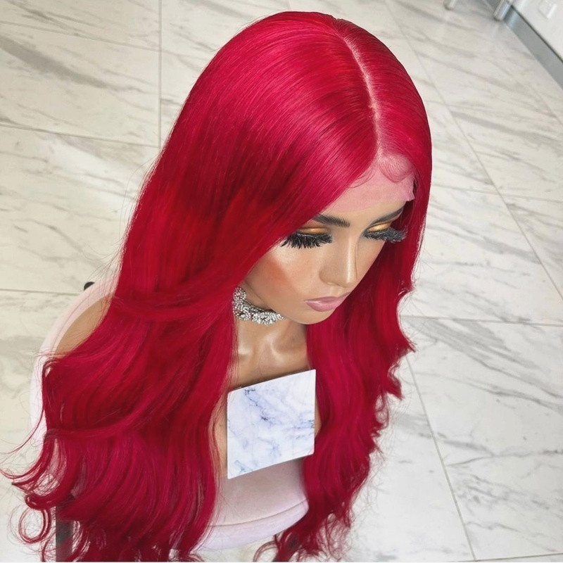 Customized Light Red Color Freedom Long Inches Body Ocean Wave Virgin European Cuticle Aligned Hair Lace Front Wigs