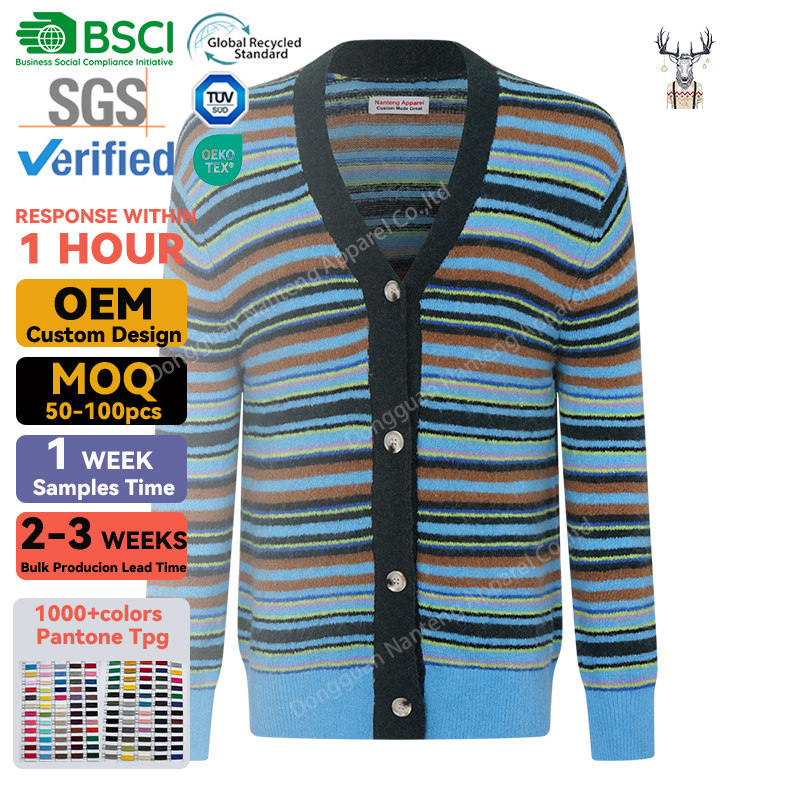 Nanteng Custom OEM V-Neck Ribbed Cuffs And Hem Loose Mohair Color Block Striped Wool Knitting Men Cardigan Sweater